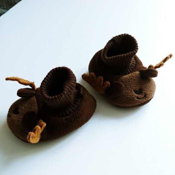 Joe Fresh Brown Fleece Moose 3D Ears and Antlers  Baby Booties 0-6 Months - Picture 9 of 10